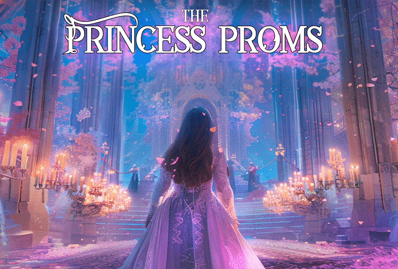 Artwork showing a fairytale princess walking away from the viewer into a fantasy candlelit castle.