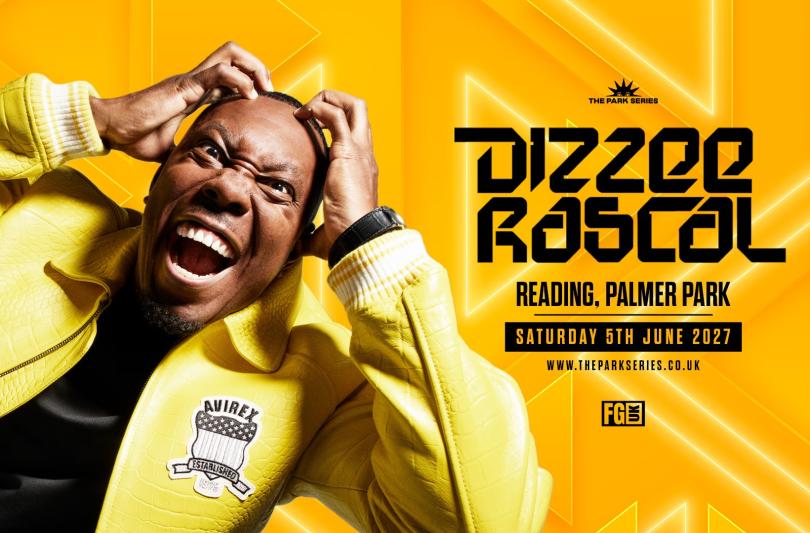 poster with rapper Dizzee Rascal with his hands on his head pulling a wild face