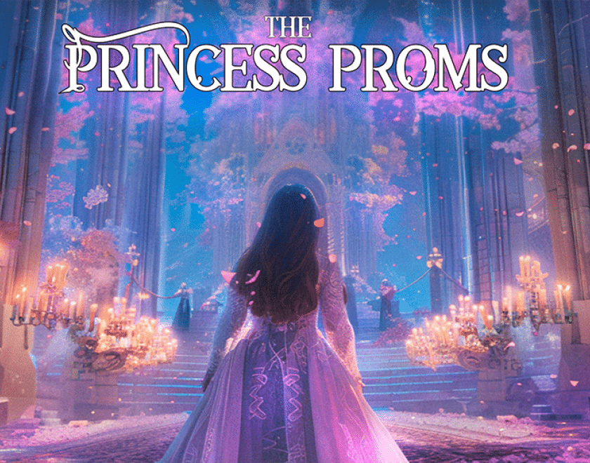 Artwork showing a fairytale princess walking away from the viewer into a fantasy candlelit castle.