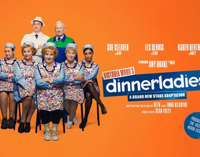 Banner artwork. The cast in costume gathered in a group, on an orange background with title text and cast names included.