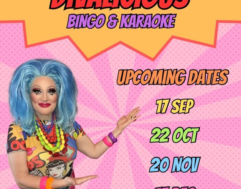 Poster for Divalicious Bingo & Karaoke with photo of drag queen Grace Anatomy