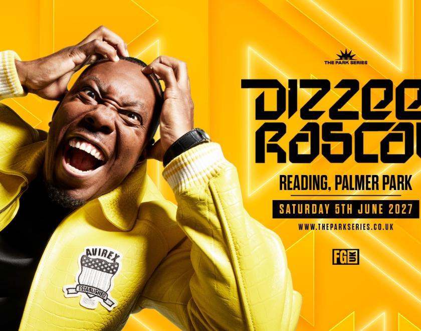 poster with rapper Dizzee Rascal with his hands on his head pulling a wild face