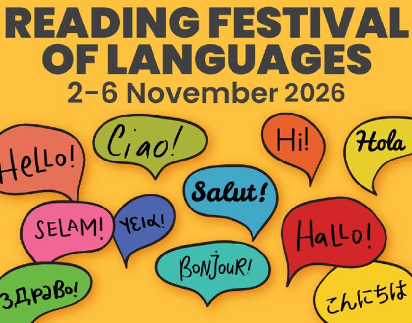 Reading Festival of Languages poster with speech bubbles all saying "hello" in a variety of different languages
