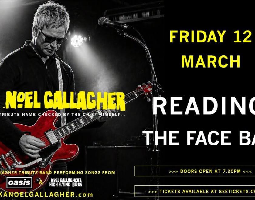 Poster with a black and white photo of a man dressed as Noel Gallagher, holding a bright red guitar