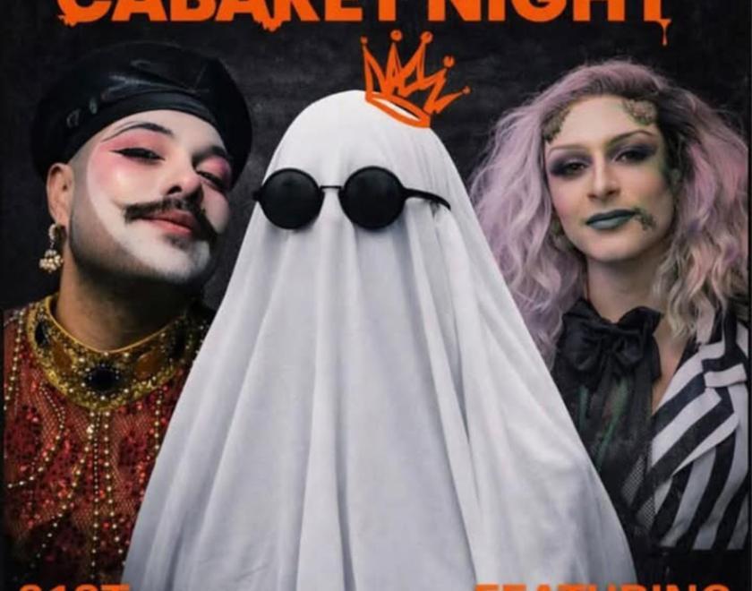 Poster with images of drag performers standing behind a person with sheet over their head like an old-school ghost costume